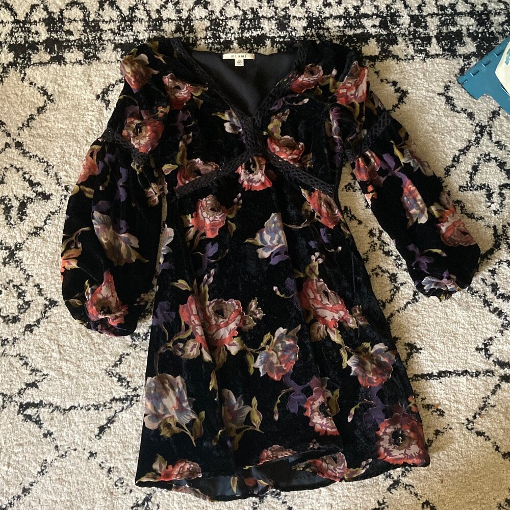 DAMAGED Black Velvet Floral Dress, size XS, Francesca's (Miami)